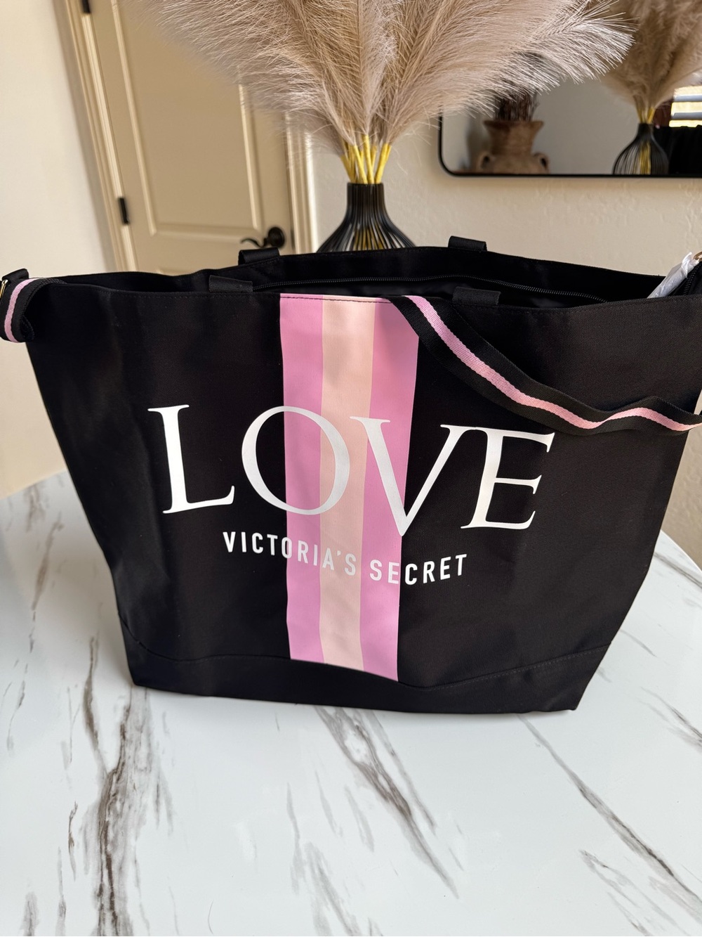 Victoria's Secret Black Tote with Pink Center Stripe and LOVE Logo - Picture 3 of 10
